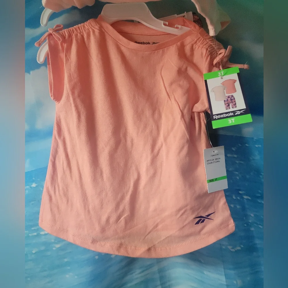 Reebok NWT GIRLS 3 PC SET Light Coral 2 Tops 1 Biker Shorts Size 3T‎